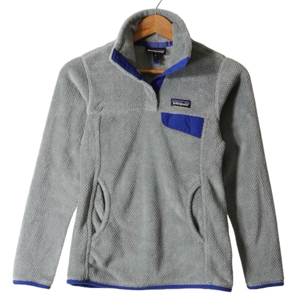 •PATAGONIA•RE-TOOL SNAP-T FLEECE GRAY WITH PURPLE-BLUE TRIM PULLOVER SIZE SMALL